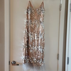 Nude Sequin Ostrich Feather Dress